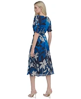 Dkny Women's V-Neck Ruched-Sleeve Belted Midi Dress