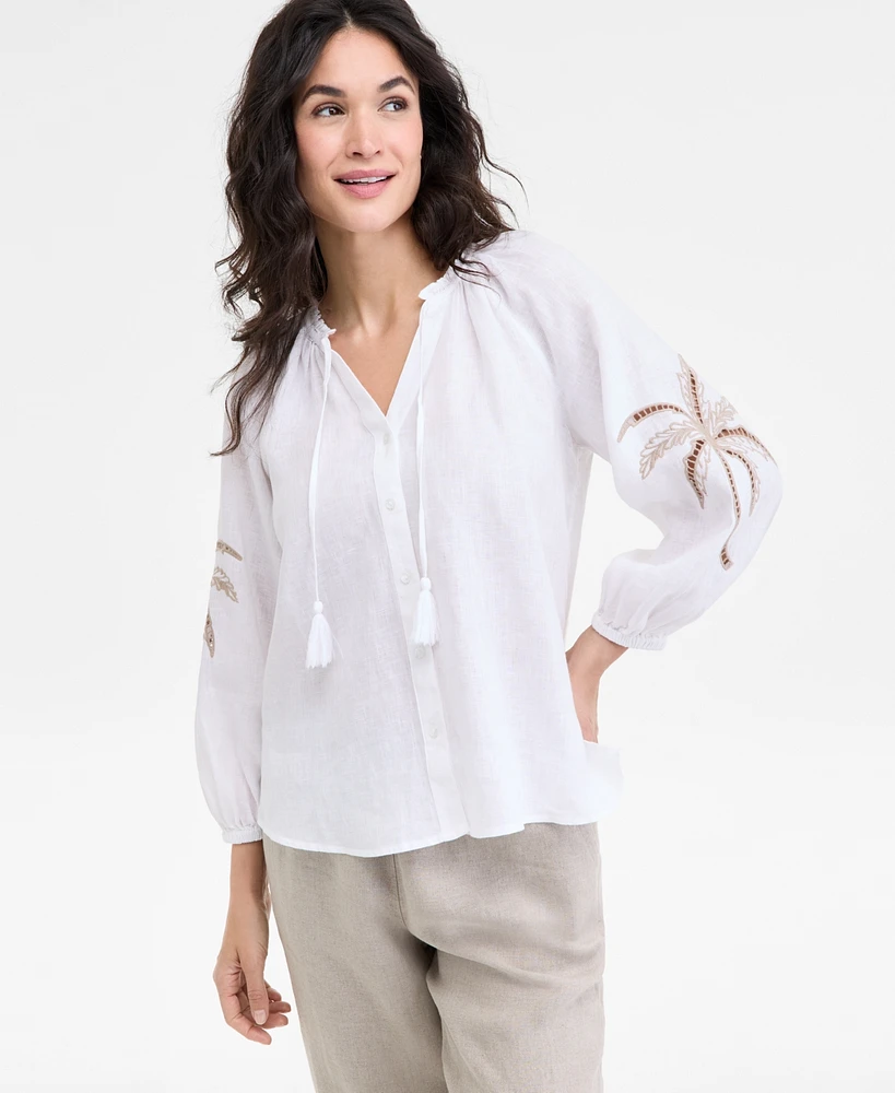 Charter Club Women's Embroidered 100% Linen Top, Exclusively at Macy's