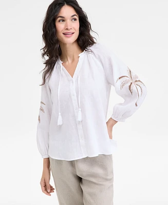 Charter Club Women's Embroidered 100% Linen Top, Exclusively at Macy's