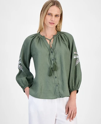 Charter Club Women's Embroidered 100% Linen Top