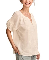 Lucky Brand Women's Cotton Lace Inset Short-Sleeve Peasant Blouse
