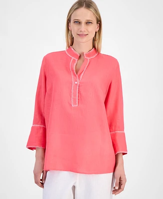 Charter Club Women's 100% Linen 3/4-Sleeve Stitched Top, Exclusively at Macy's