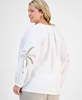 Charter Club Plus Embroidered-Palm Linen Top, Exclusively at Macy's