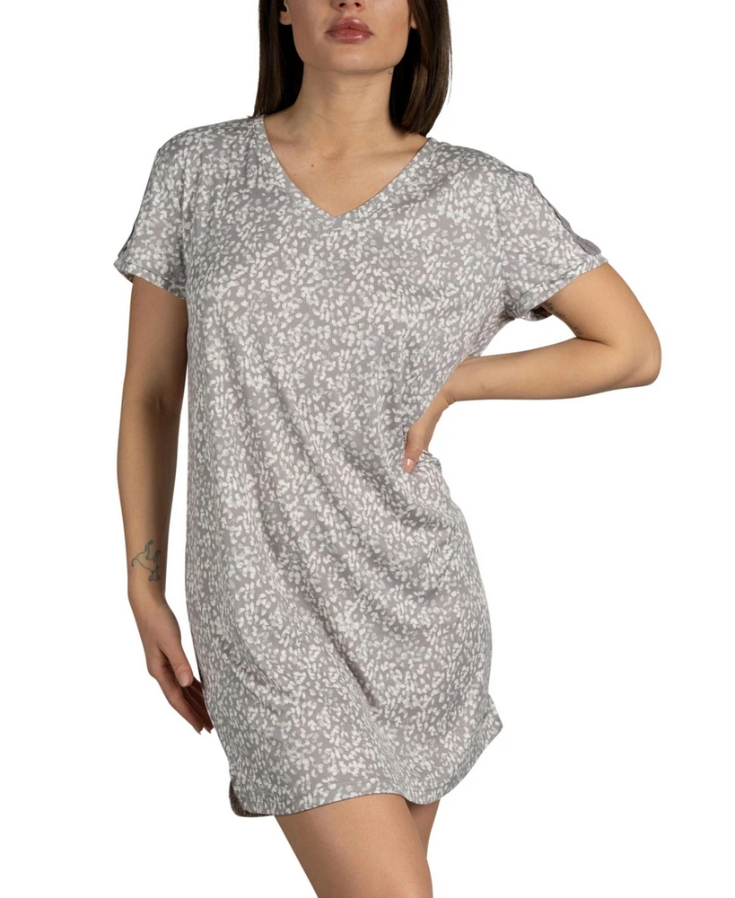 Tahari Women's Short Sleeve V-Neck Ribbed Nightshirt with Lace