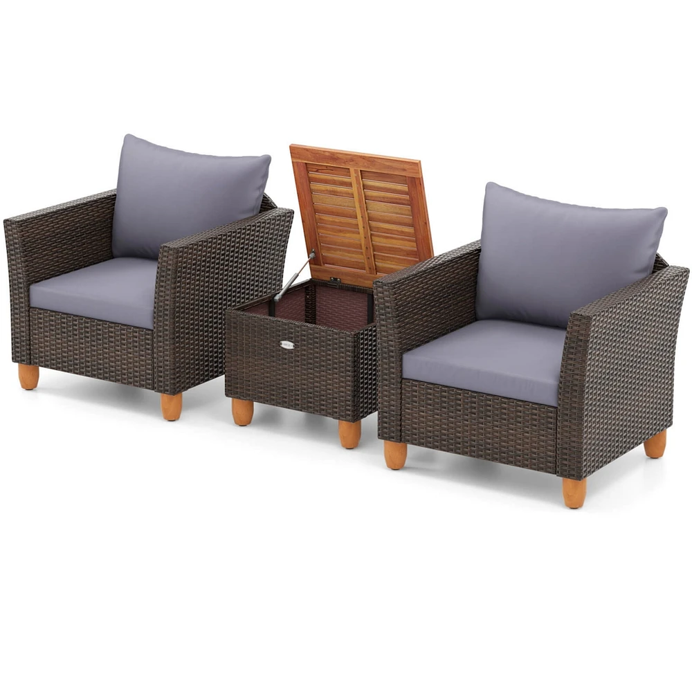 3 Pcs Outdoor Patio Rattan Bistro Furniture Set Wooden Table Top Cushioned Sofa