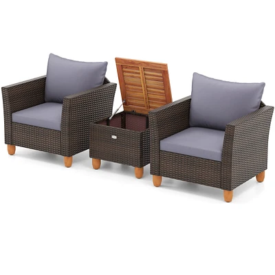 3 Pcs Outdoor Patio Rattan Bistro Furniture Set Wooden Table Top Cushioned Sofa