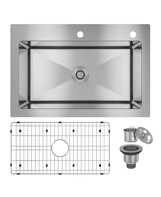 33-Inch Stainless Steel Sink On The Counter Installation Single Grooves With 2 Faucet Holes With Drain Grid And Drainer Thick 18Ga