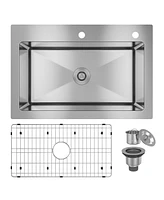 33-Inch Stainless Steel Sink On The Counter Installation Single Grooves With 2 Faucet Holes With Drain Grid And Drainer Thick 18Ga