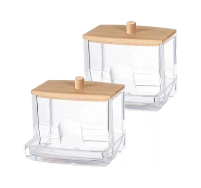Clear Cotton Swab Dispenser with Bamboo Lid-Acrylic Qtips Dispenser, Easy-Access