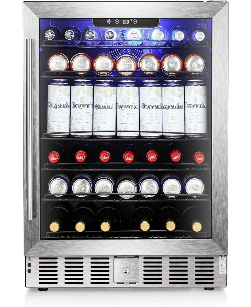 Cowsar 24" Wine Refrigerator, 5.1 Cu.Ft Beverage Cooler, Under Counter Stainless Steel Beverage Cooler with Glass Door