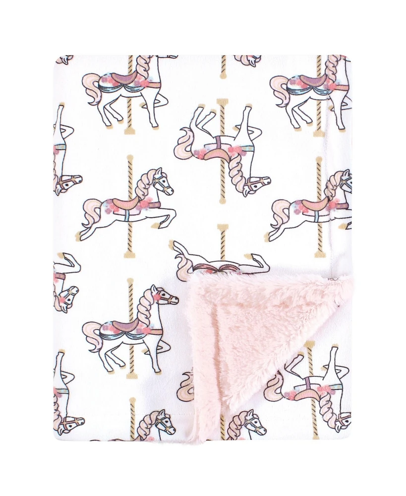Hudson Baby Infant Girl Plush Blanket with Furry Binding and Back, Carousel Horse, One Size