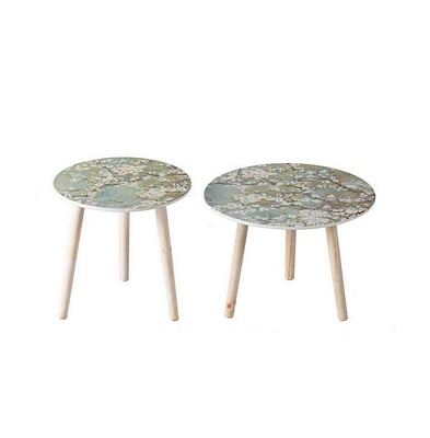 Set of 2 Side Tables with Floral Cherry Blossom Design for Elegant Home Decor