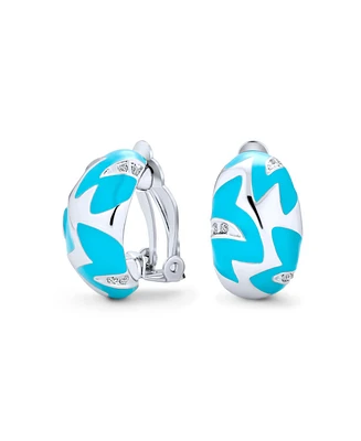 Bling Jewelry Geometric Blue Enamel Zig Zag Half Hoop Clip On Earrings Silver Plated Brass