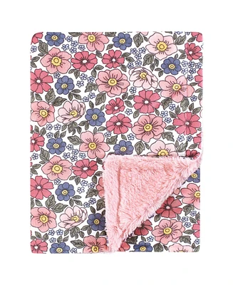 Hudson Baby Girls Plush Blanket with Furry Binding and Back, Pink Blue Pretty Floral, One Size