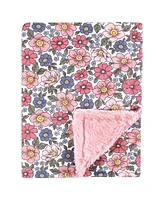 Hudson Baby Girls Plush Blanket with Furry Binding and Back, Pink Blue Pretty Floral, One Size