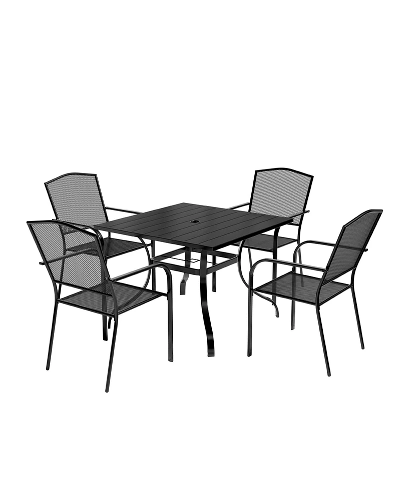 5-Piece Metal Outdoor Patio Dining Set with Square Table with 1.65 in. Umbrella Hole and Dining Chairs