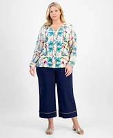 Jm Collection Plus Printed Mixed-Media Top, Exclusively at Macy's