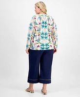 Jm Collection Plus Size Ladder Trim Printed Mixed Media Top Pull On Capri Pants Exclusively At Macys