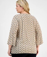 Jm Collection Plus Printed Lace-Up Split-Neck Top