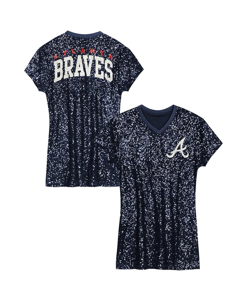 Outerstuff Big Girls Navy Atlanta Braves Sequin V-Neck Dress