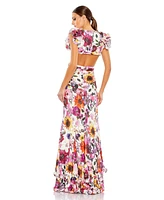Mac Duggal Women's Floral Print Ruffle Shoulder Cut Out Gown