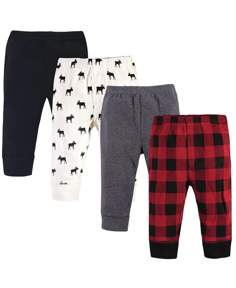 Touched by Nature Baby Boys Organic Cotton Pants 4pk, Buffalo Plaid Moose, 6-9 Months