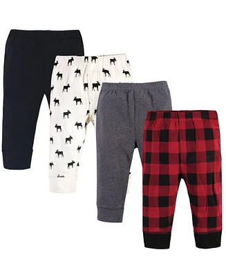 Touched by Nature Baby Boys Organic Cotton Pants 4pk, Buffalo Plaid Moose, 6-9 Months