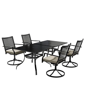 6-Piece Metal Outdoor Patio Dining Set with Square Table with 1.65 in. Umbrella Hole and Swivel Chairs