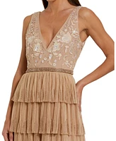 Mac Duggal Women's Beaded Mesh V Neck Gown With Tiered Ruffles