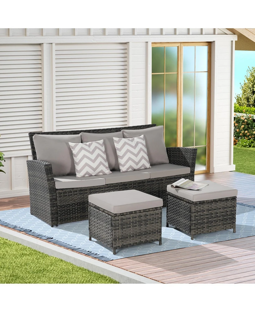 3-Piece Wicker Patio Set, Sofa, Ottomans, All-Weather Rattan