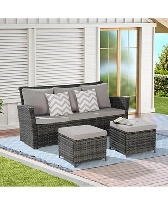 3-Piece Wicker Patio Set, Sofa, Ottomans, All-Weather Rattan