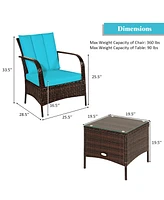 3 Pcs Patio Wicker Rattan Furniture Set Coffee Table & 2 Rattan Chair