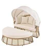 Rattan Round Daybed, Retractable Canopy, Cushions, Patio/Poolside, Beige