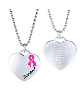 Bling Jewelry Heart Pink Ribbon Breast Cancer Survivor Pendant Necklace Silver Stainless Steel