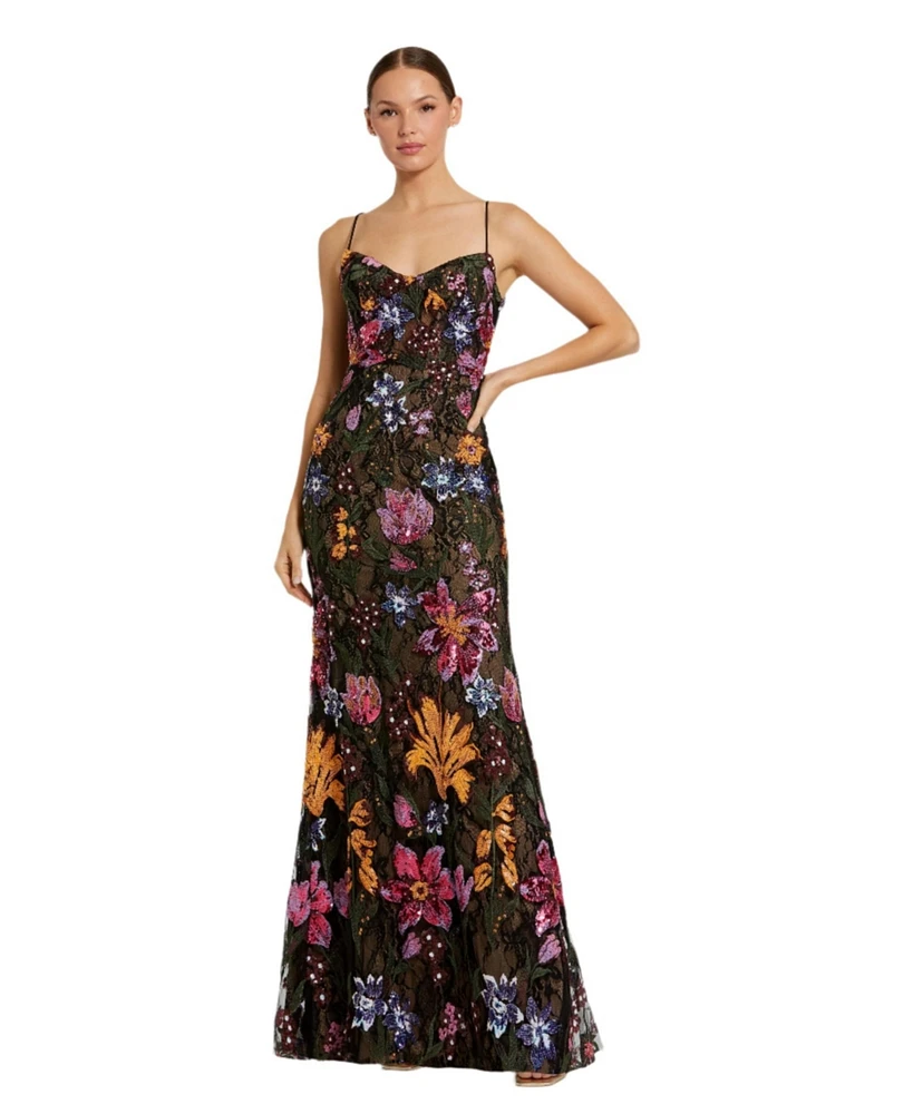 Mac Duggal Women's Spaghetti Strap Floral Embroidered Gown