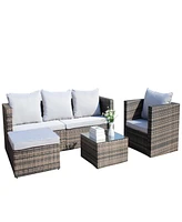 4-Pc Outdoor Rattan Sofa Set, Cushioned couch & coffee table (Gray)