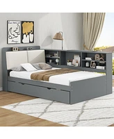 Wood Twin Size platform bed with Trundle, Shelves and Storage Headboard, Gray