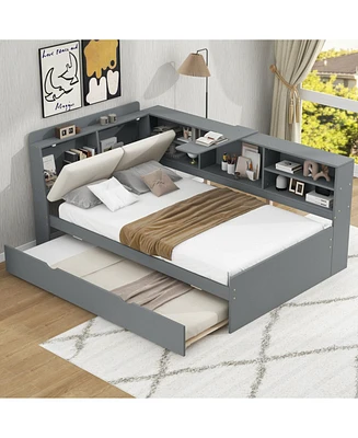 Wood Twin Size platform bed with Trundle, Shelves and Storage Headboard, Gray