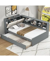 Wood Twin Size platform bed with Trundle, Shelves and Storage Headboard, Gray