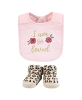 Hudson Baby Infant Girl Cotton Bib and Sock Set, So Loved Roses, One Size