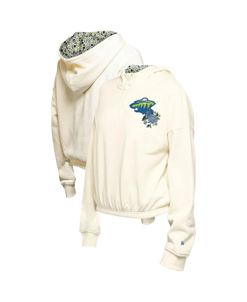 New Era Women's Cream Minnesota Wild Glam Game Quarter-Zip Cropped Floral Hoodie Pullover Top
