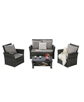4-Piece Outdoor Patio Furniture Set, Rattan Chairs, Glass Table