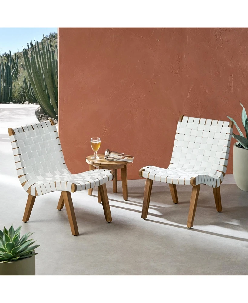 Outdoor Acacia Wood and Rope Weave 3 Piece Chat Set, White and Teak