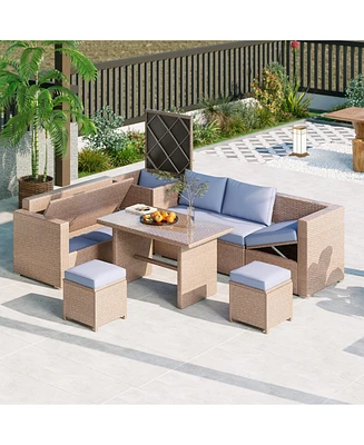 6-Piece Outdoor Pe Rattan Wicker Sofa Set with Storage & Glass Table