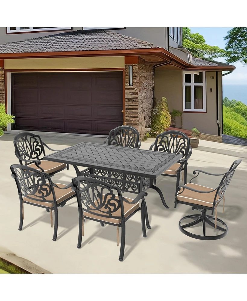 7-Piece Cast Aluminum Dining Set, 2 Swivel, 4 Chairs, Rectangular Table, Black Frame