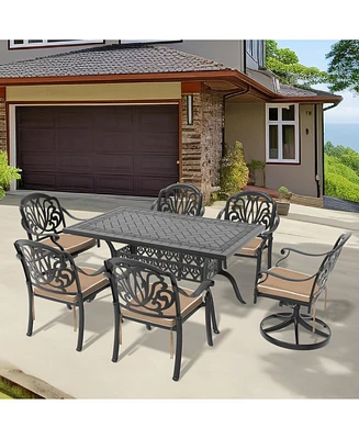 7-Piece Cast Aluminum Dining Set, 2 Swivel, 4 Chairs, Rectangular Table, Black Frame