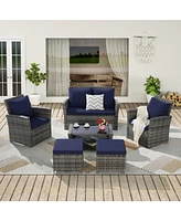 6 Piece Wicker Patio Furniture Sets with Ottoman & Tempered Glass Coffee Table