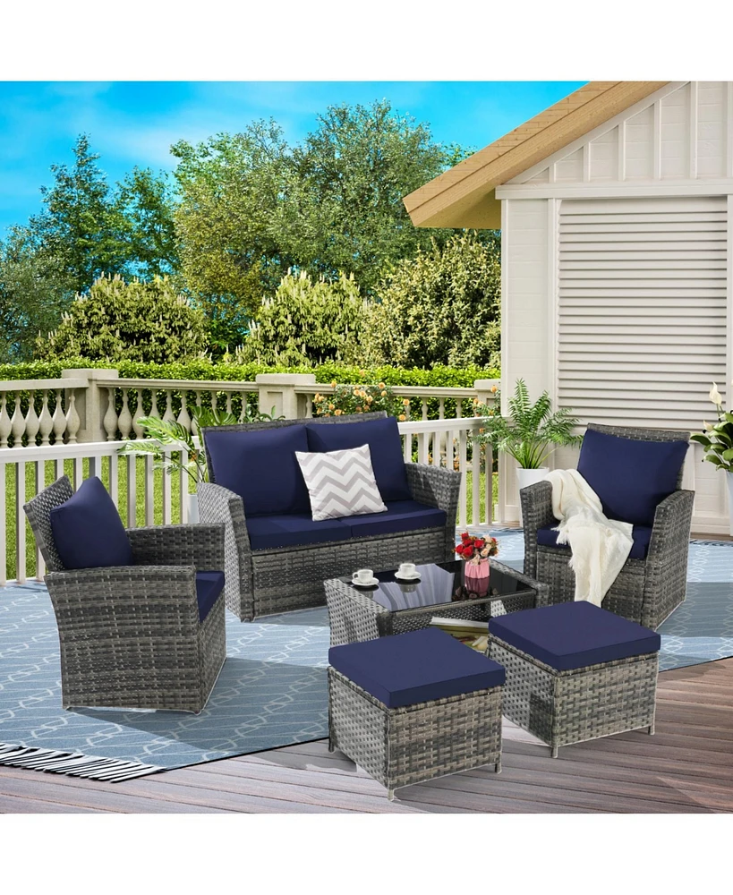 6 Piece Wicker Patio Furniture Sets with Ottoman & Tempered Glass Coffee Table