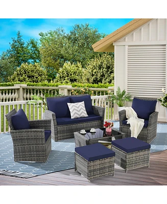 6 Piece Wicker Patio Furniture Sets with Ottoman & Tempered Glass Coffee Table