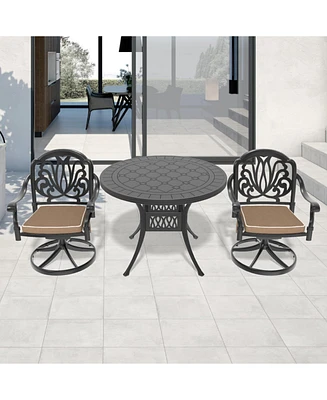 3-pc Cast Aluminum Dining Set, 2 Swivel Chairs, 39" Round Table, Black Frame